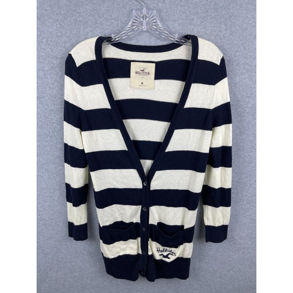 Hollister Cardigan Sweater Women's M Long Sleeve V Neck 5 Button Striped